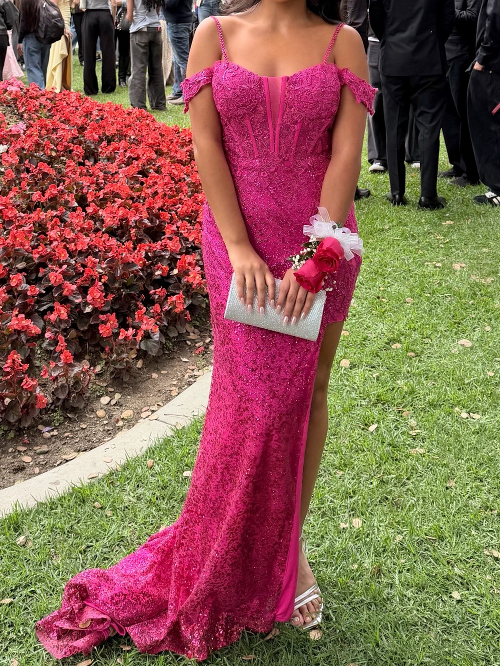 Fuchsia Off-Shoulder Sequin Prom Gown